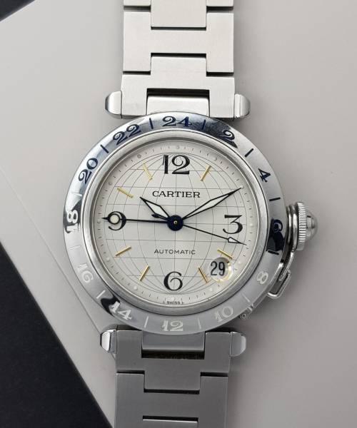 Cartier Pasha Gmt Whit Papers Very Good Condition Stahl Steel 20667aef31411